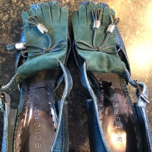 Emerald green croc and suede open toe